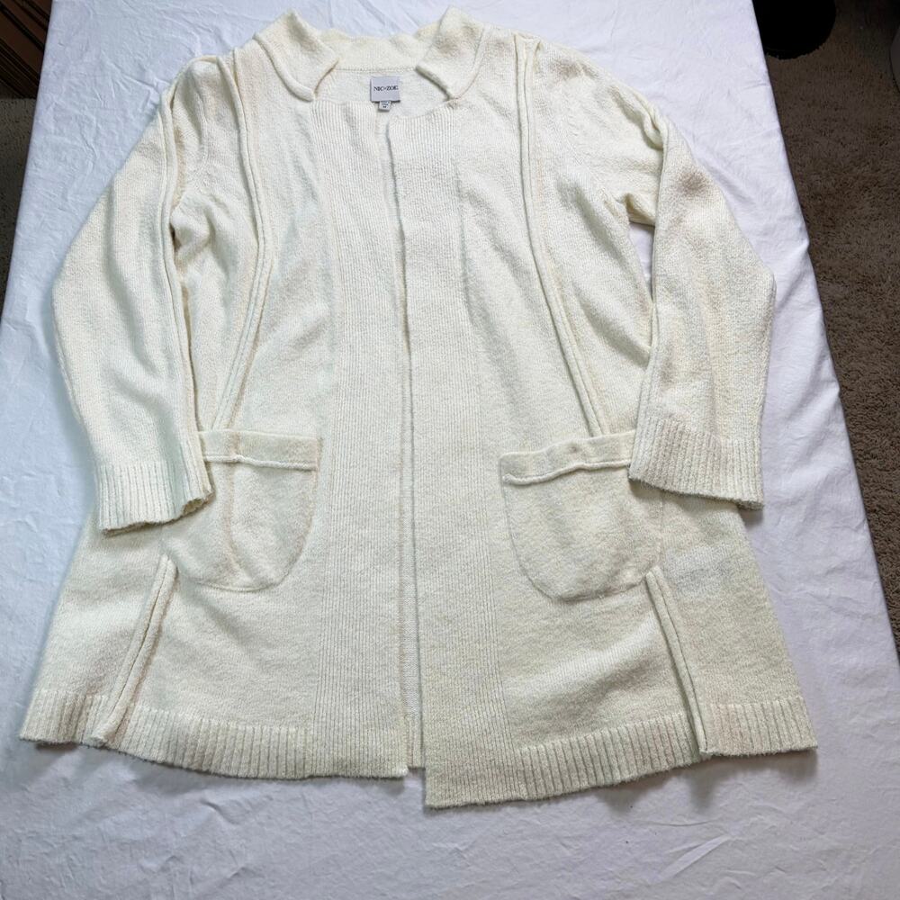 Nic + Zoe cream open collared long cardigan, piping detail. Size M. very soft - Picture 2 of 7
